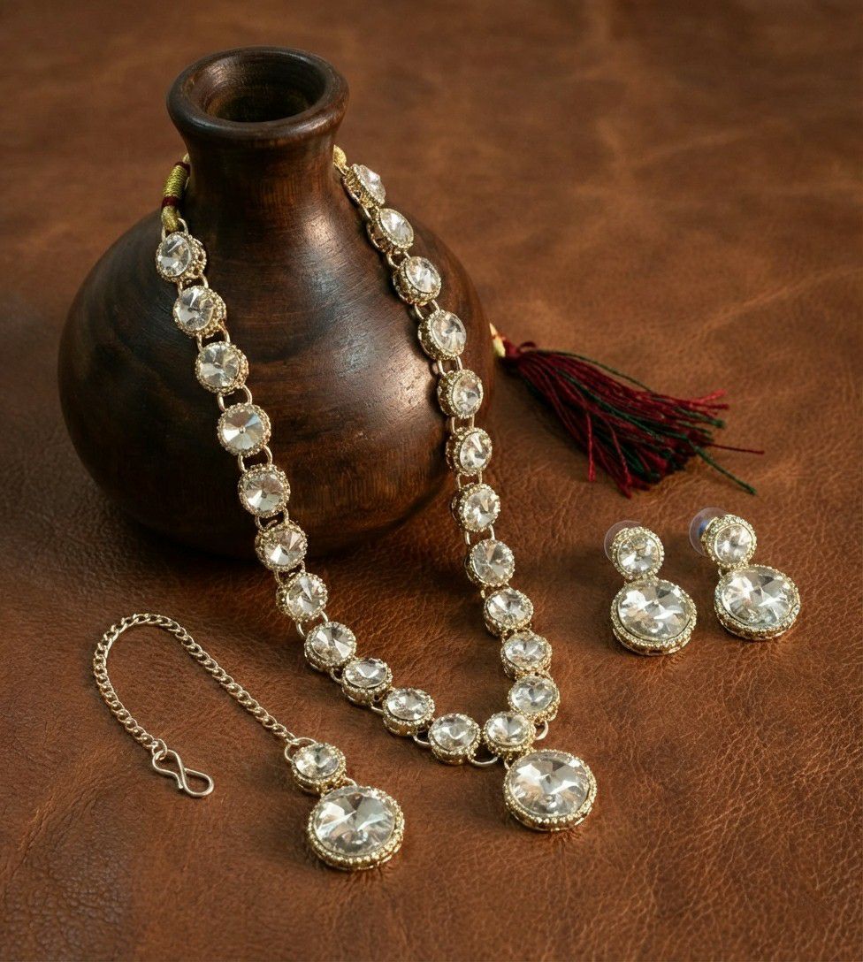 Matte Gold Plated American Diamond Bridal Jewellery Set for Women | Necklace, Earrings & Maang Tikka | Alloy | N-11