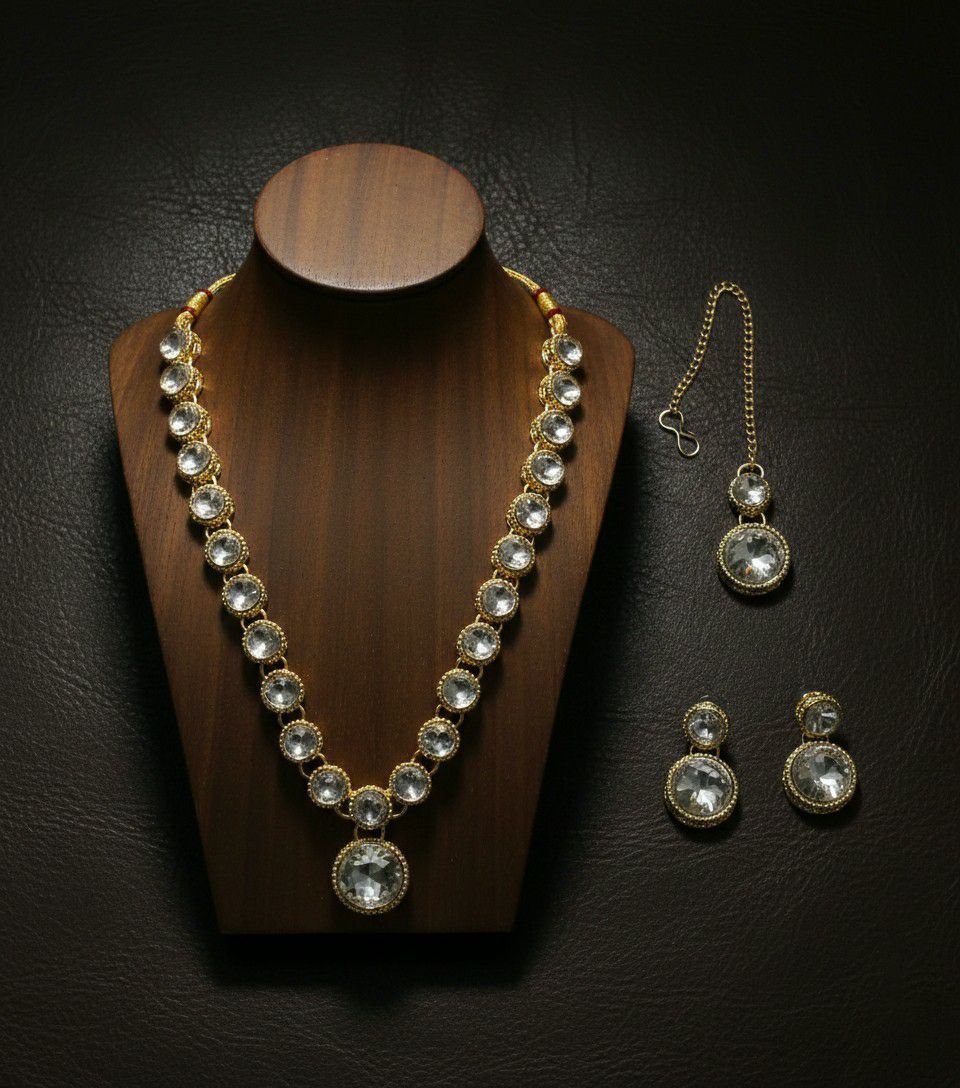 Matte Gold Plated American Diamond Bridal Jewellery Set for Women | Necklace, Earrings & Maang Tikka | Alloy | N-11