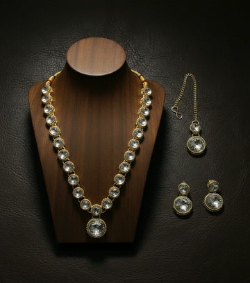 Matte Gold Plated American Diamond Bridal Jewellery Set for Women | Necklace, Earrings & Maang Tikka | Alloy  | Imitation Jewellery  | N-11
