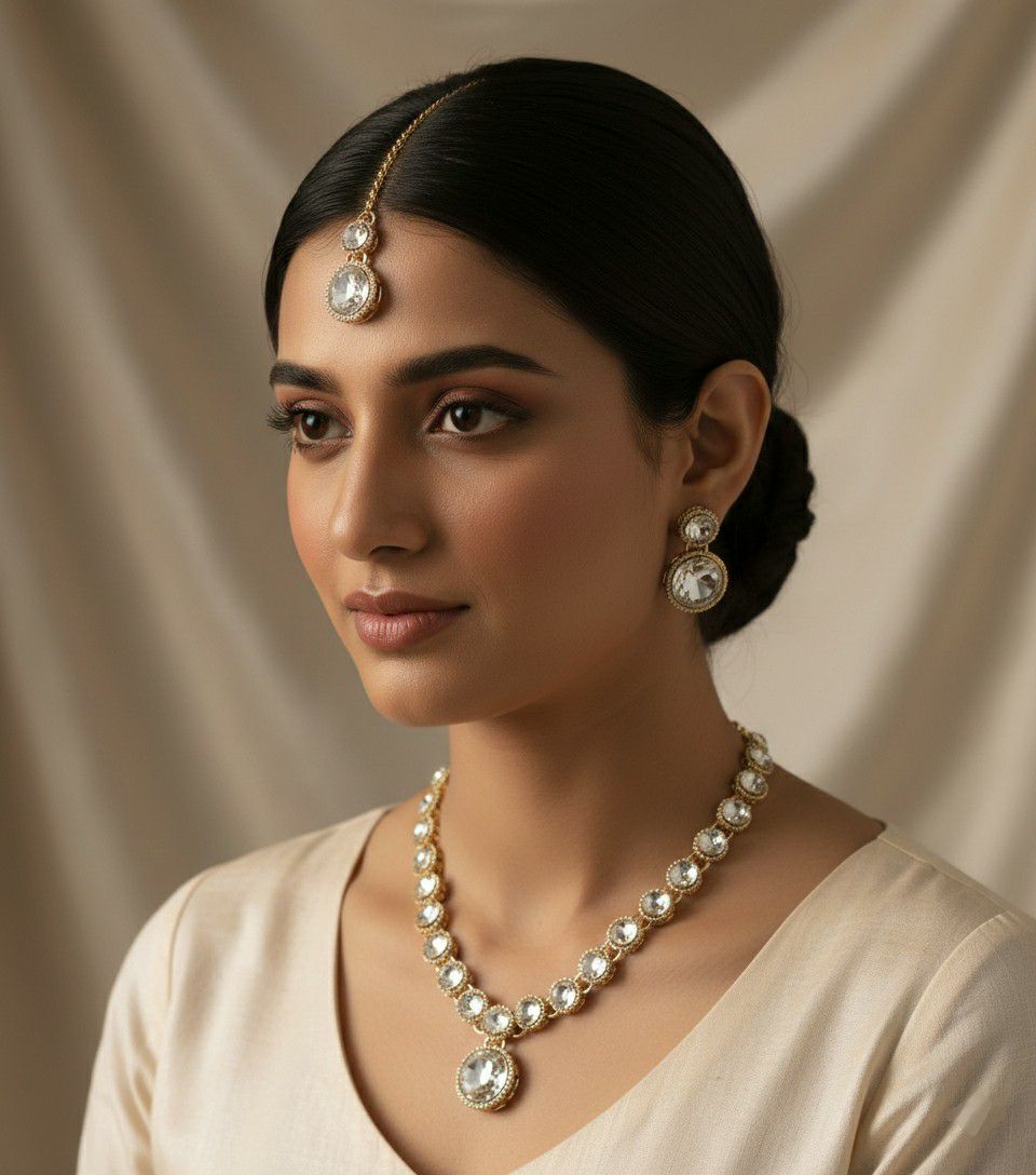 Matte Gold Plated American Diamond Bridal Jewellery Set for Women | Necklace, Earrings & Maang Tikka | Alloy | N-11