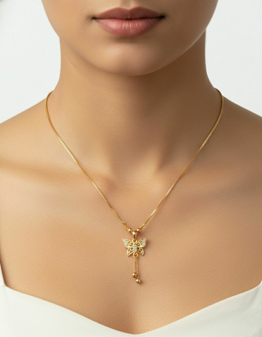 Gold Plated American Diamond Butterfly Pendant with Chain for Women | Elegant Short Necklace | Fashion Jewellery | CP-50