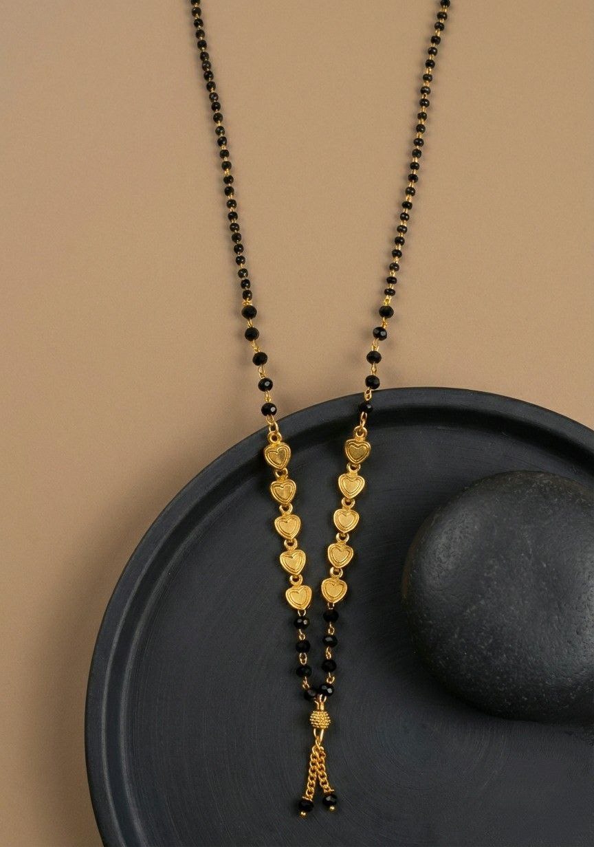 Traditional Gold Plated Tanmaniya Dokiya Mangalsutra for Women | Brass Single Strand Black Beads Mangalsutra | Daily Wear Necklace | M-36