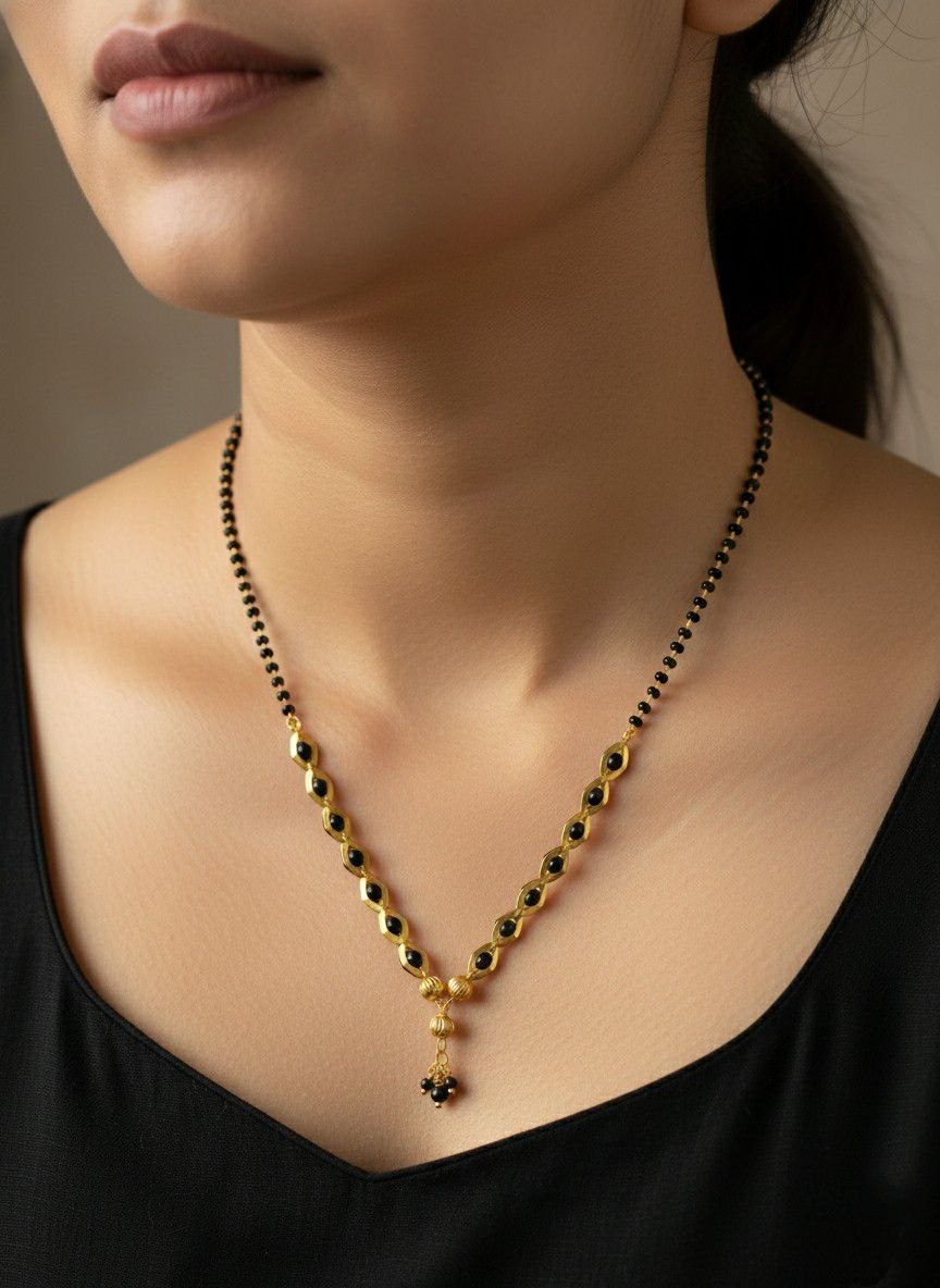 Elegant Gold Plated Black Beads Mangalsutra for Women | Traditional Brass Single Strand Mangalsutra | Daily Wear Necklace | M-37