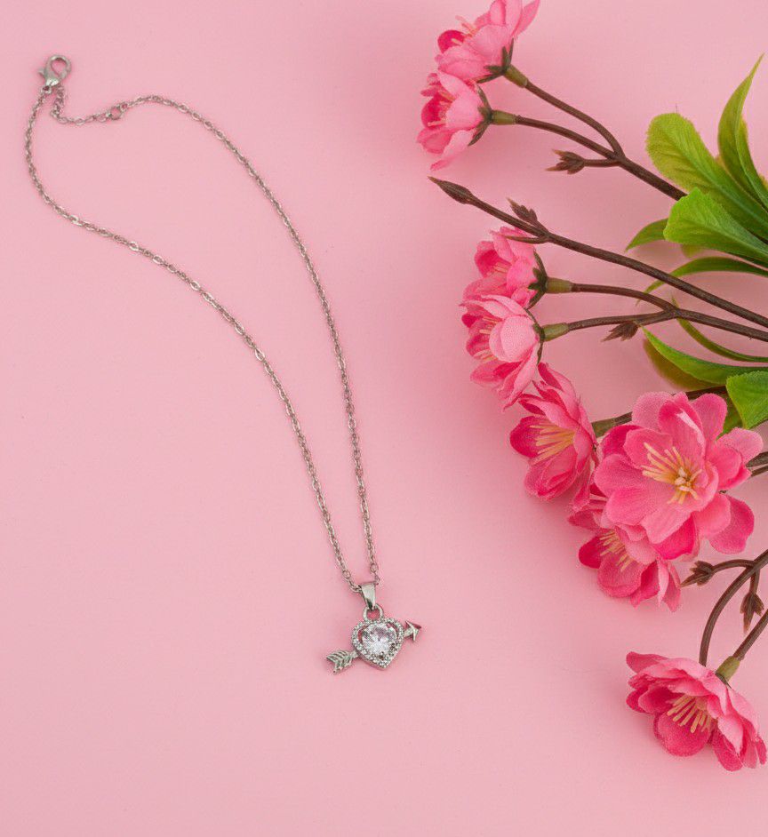 Silver Plated Heart Pendant Chain for Women | American Diamond Necklace | Brass & Copper Jewellery | CP-43