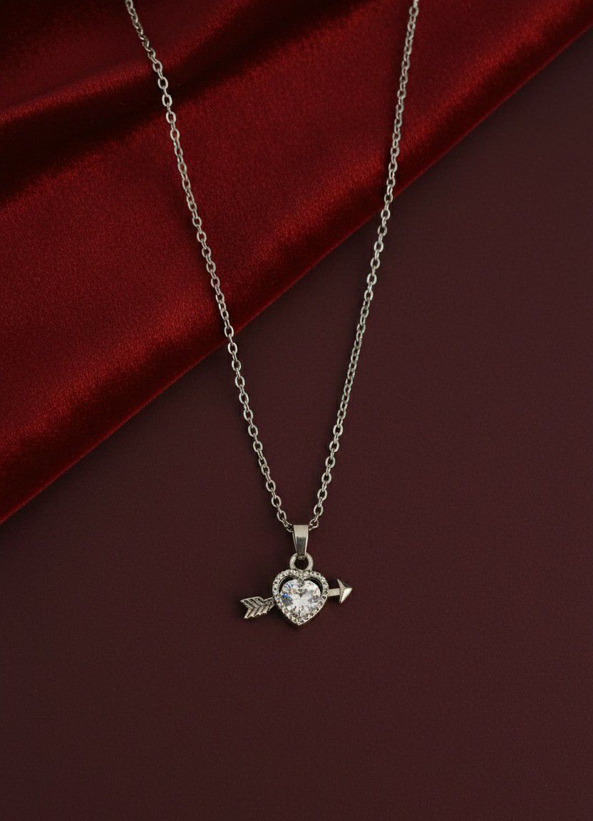 Silver Plated Heart Pendant Chain for Women | American Diamond Necklace | Brass & Copper Jewellery | CP-43