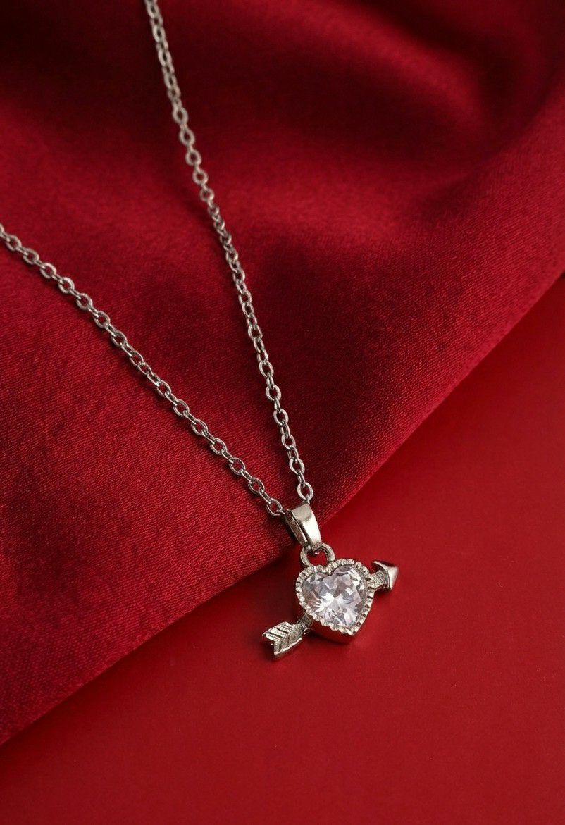 Silver Plated Heart Pendant Chain for Women | American Diamond Necklace | Brass & Copper Jewellery | CP-43