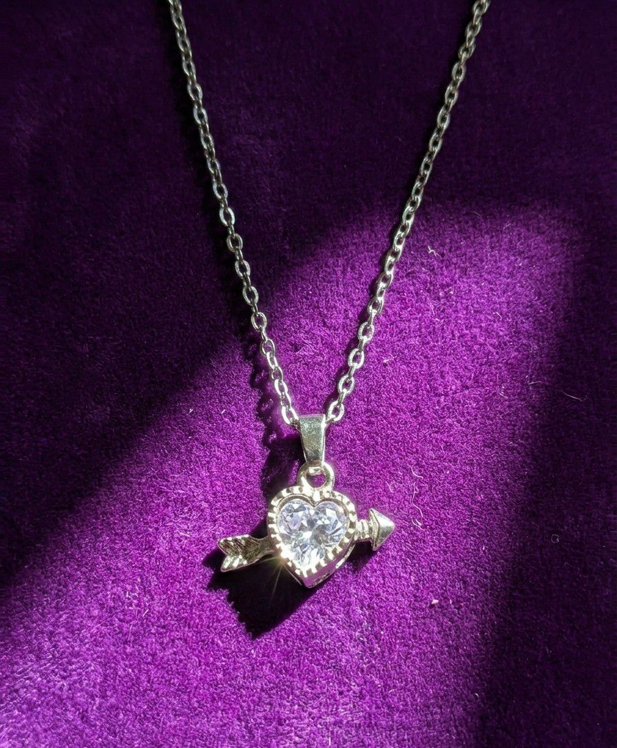 Silver Plated Heart Pendant Chain for Women | American Diamond Necklace | Brass & Copper Jewellery | CP-43