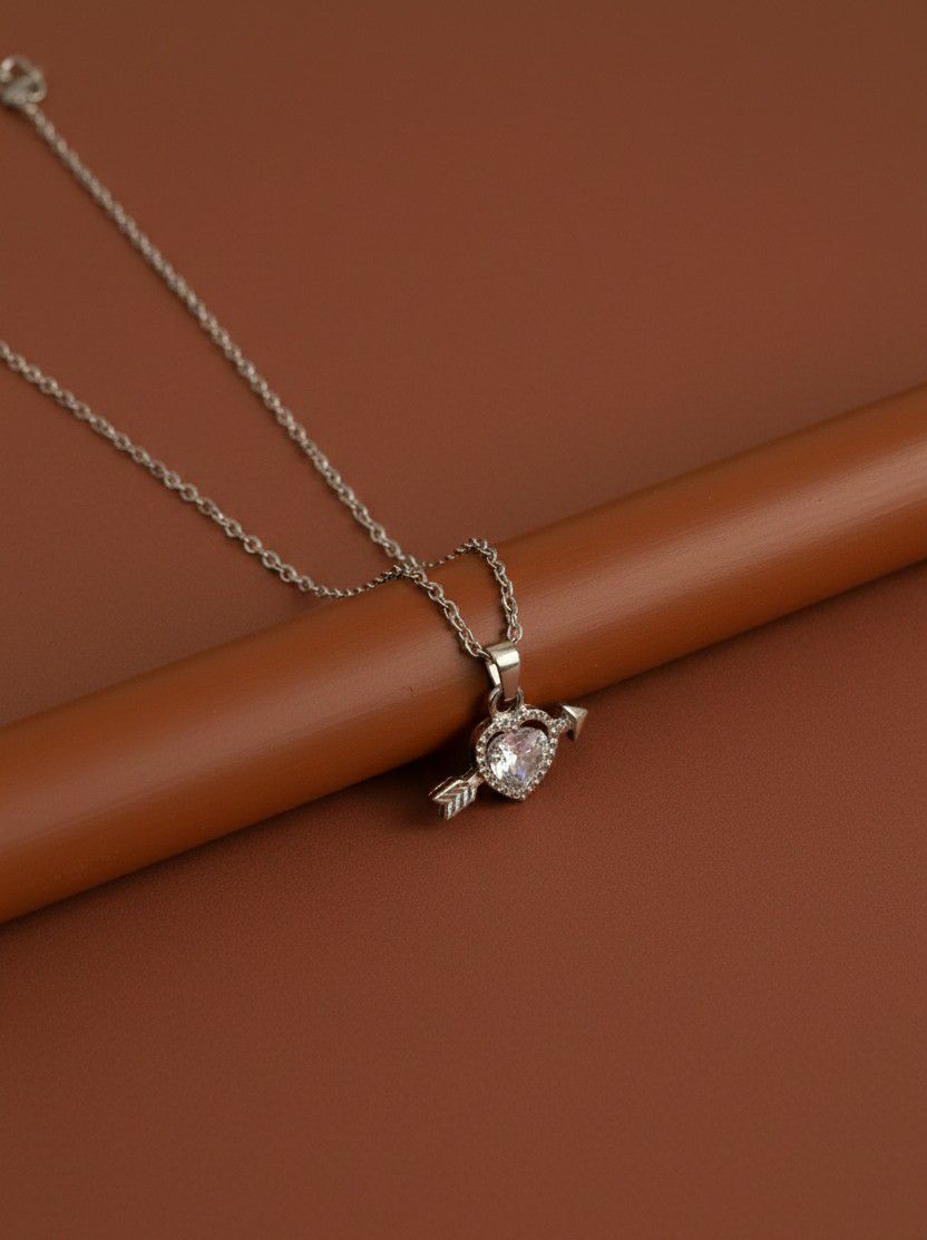 Silver Plated Heart Pendant Chain for Women | American Diamond Necklace | Brass & Copper Jewellery | CP-43