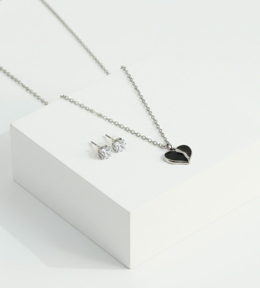 Silver Plated Heart Pendant Chain Set for Women | American Diamond Necklace with Earrings | Brass & Copper Jewellery | CP-45