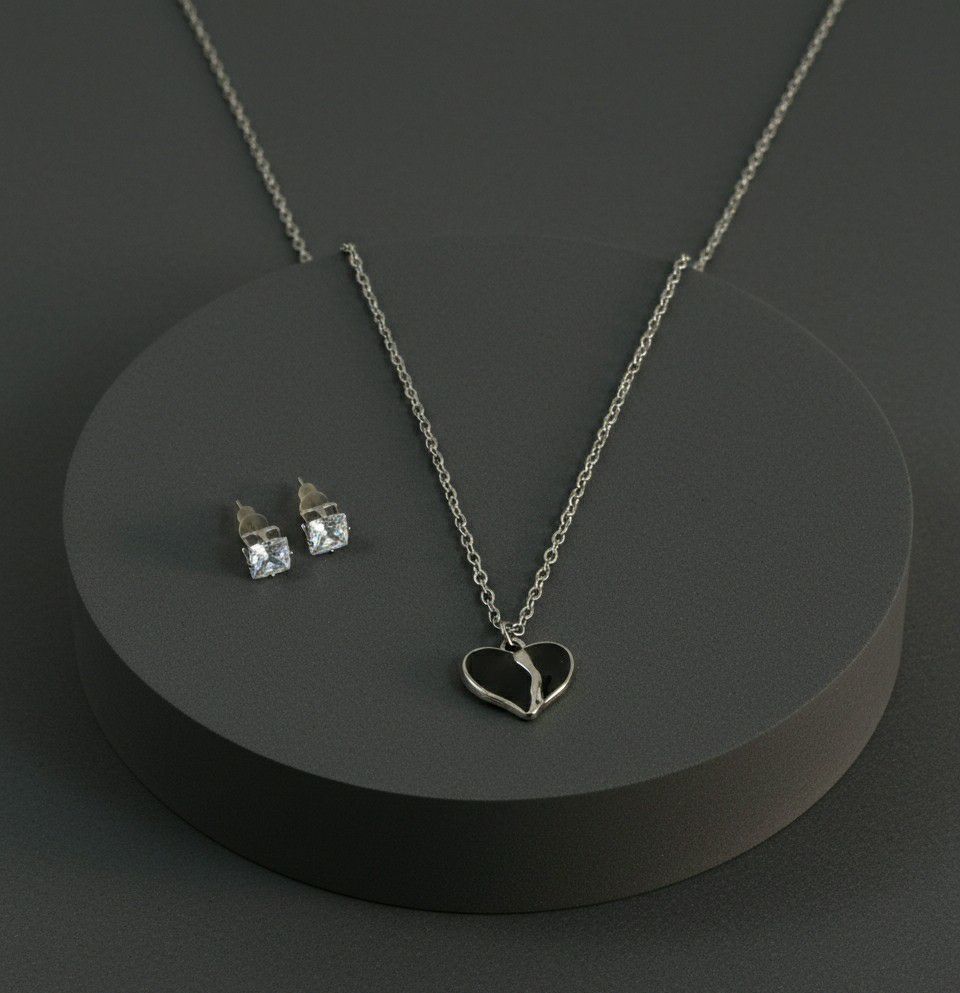 Silver Plated Heart Pendant Chain Set for Women | American Diamond Necklace with Earrings | Brass & Copper Jewellery | CP-45