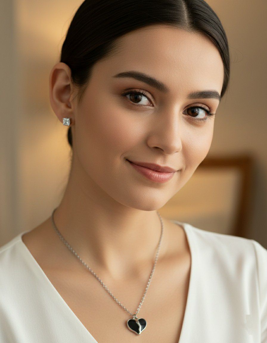 Silver Plated Heart Pendant Chain Set for Women | American Diamond Necklace with Earrings | Brass & Copper Jewellery | CP-45