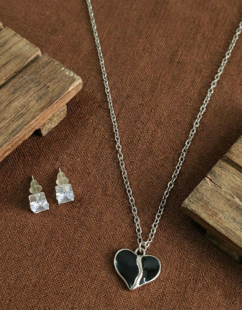 Silver Plated Heart Pendant Chain Set for Women | American Diamond Necklace with Earrings | Brass & Copper Jewellery | CP-45