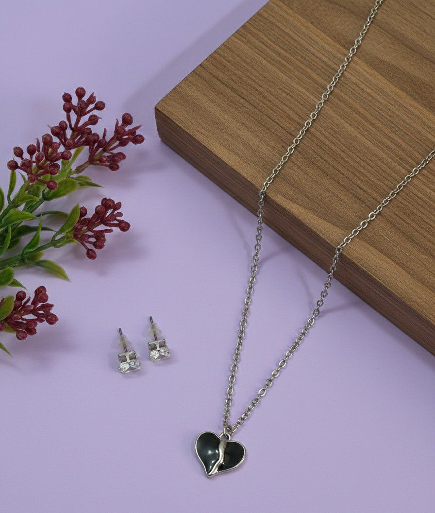 Silver Plated Heart Pendant Chain Set for Women | American Diamond Necklace with Earrings | Brass & Copper Jewellery | CP-45