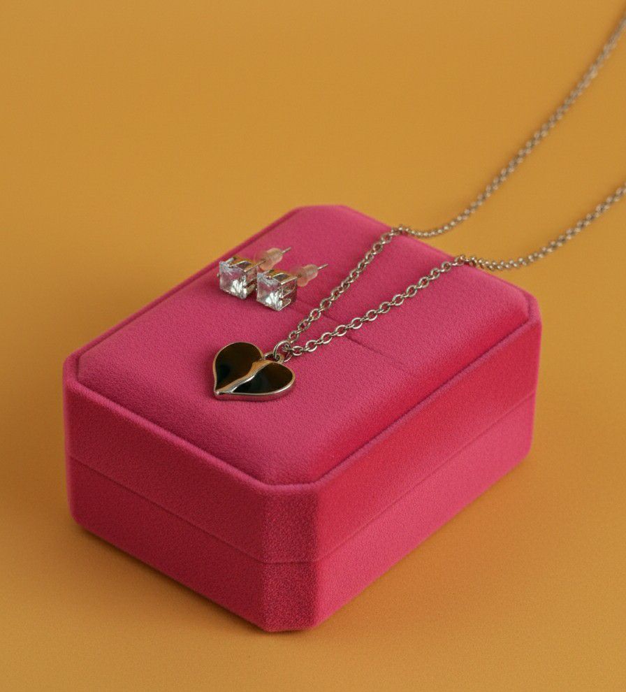 Silver Plated Heart Pendant Chain Set for Women | American Diamond Necklace with Earrings | Brass & Copper Jewellery | CP-45
