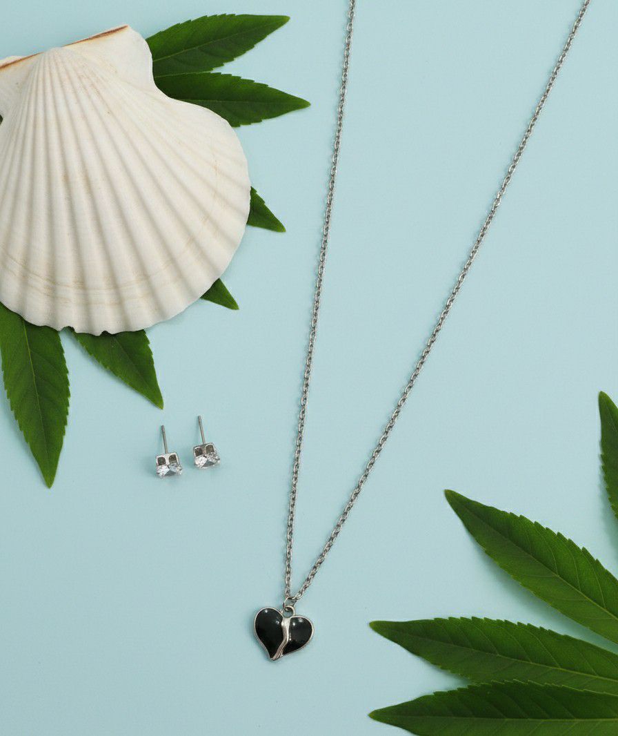 Silver Plated Heart Pendant Chain Set for Women | American Diamond Necklace with Earrings | Brass & Copper Jewellery | CP-45