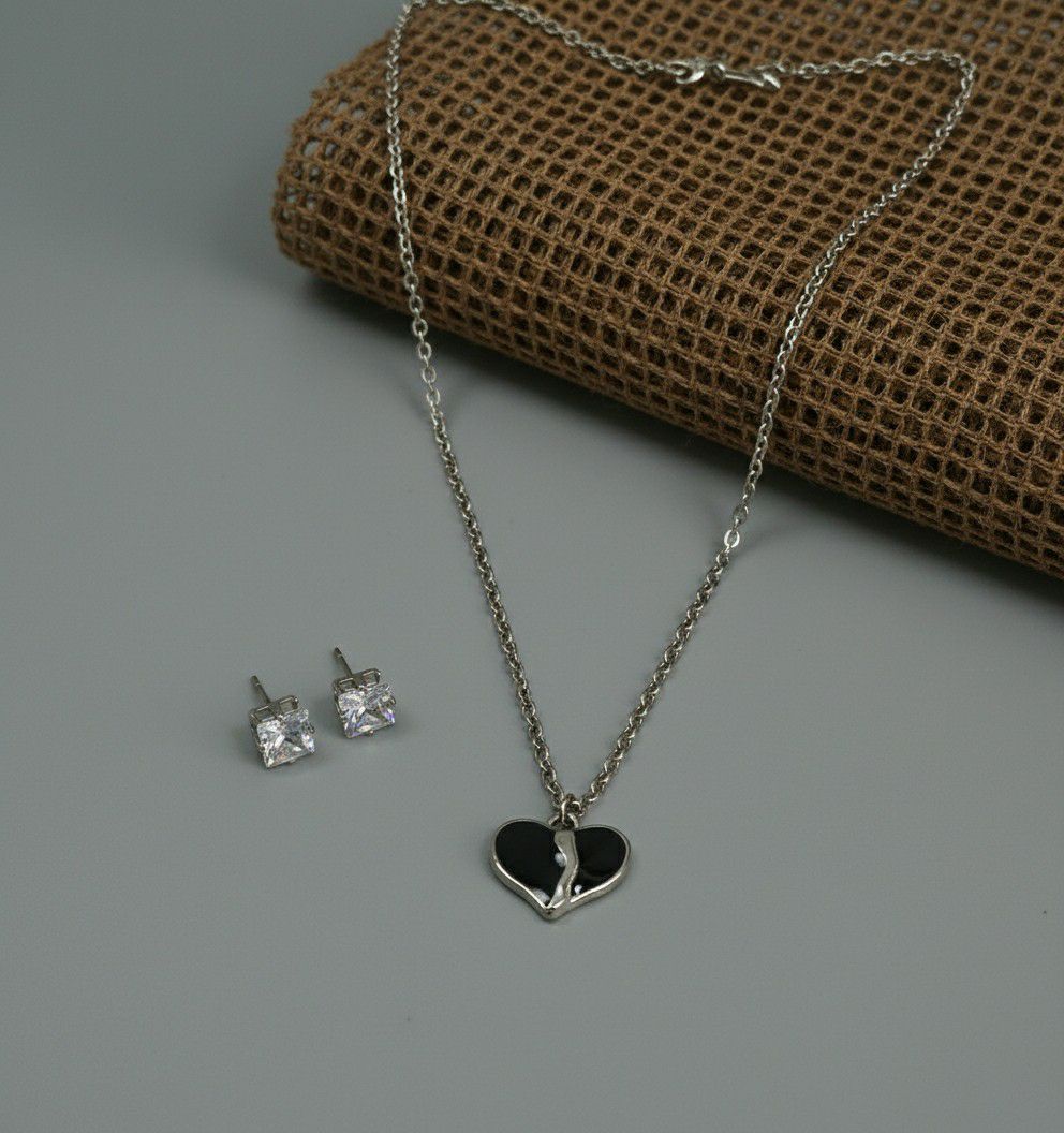 Silver Plated Heart Pendant Chain Set for Women | American Diamond Necklace with Earrings | Brass & Copper Jewellery | CP-45