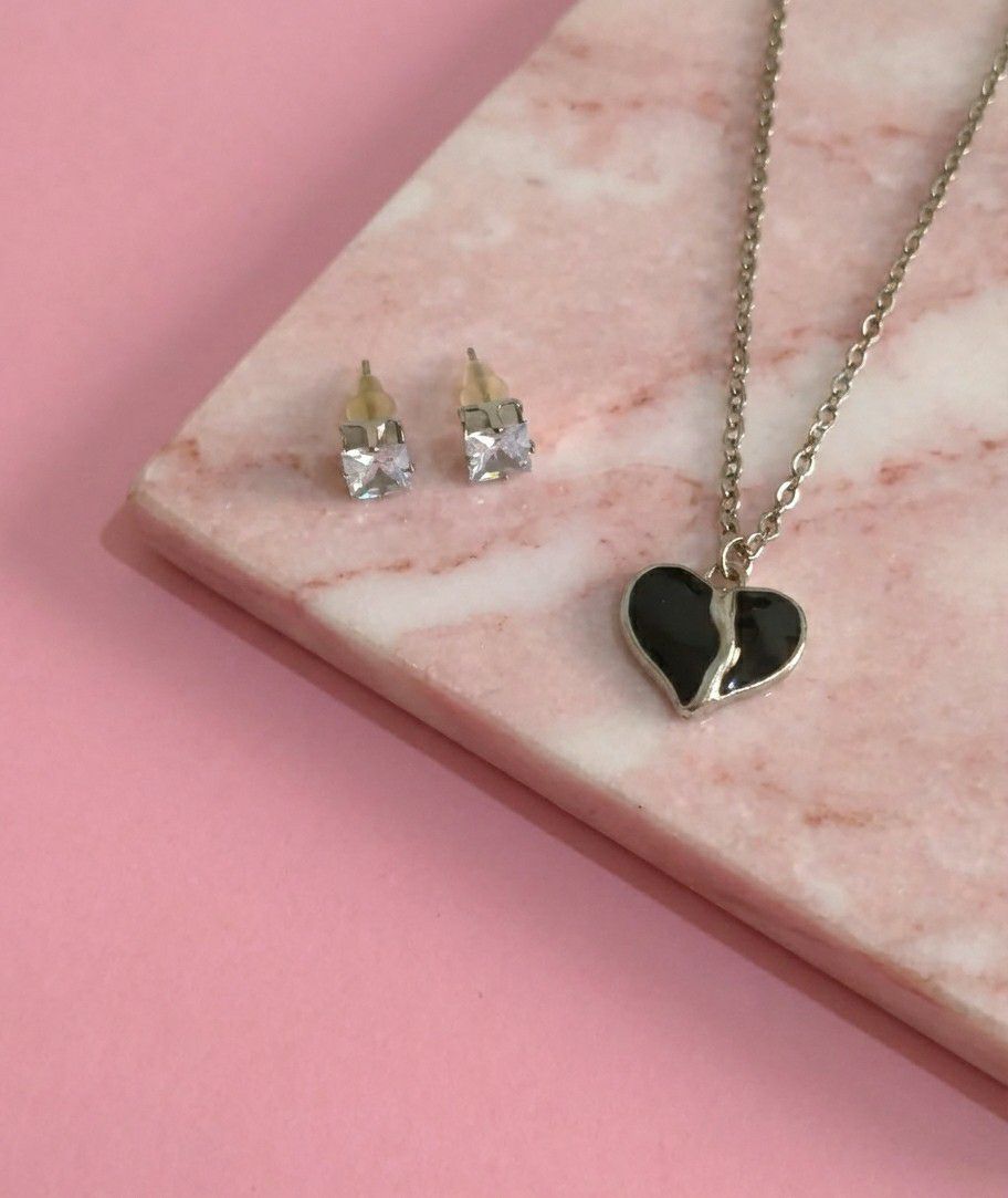 Silver Plated Heart Pendant Chain Set for Women | American Diamond Necklace with Earrings | Brass & Copper Jewellery | CP-45