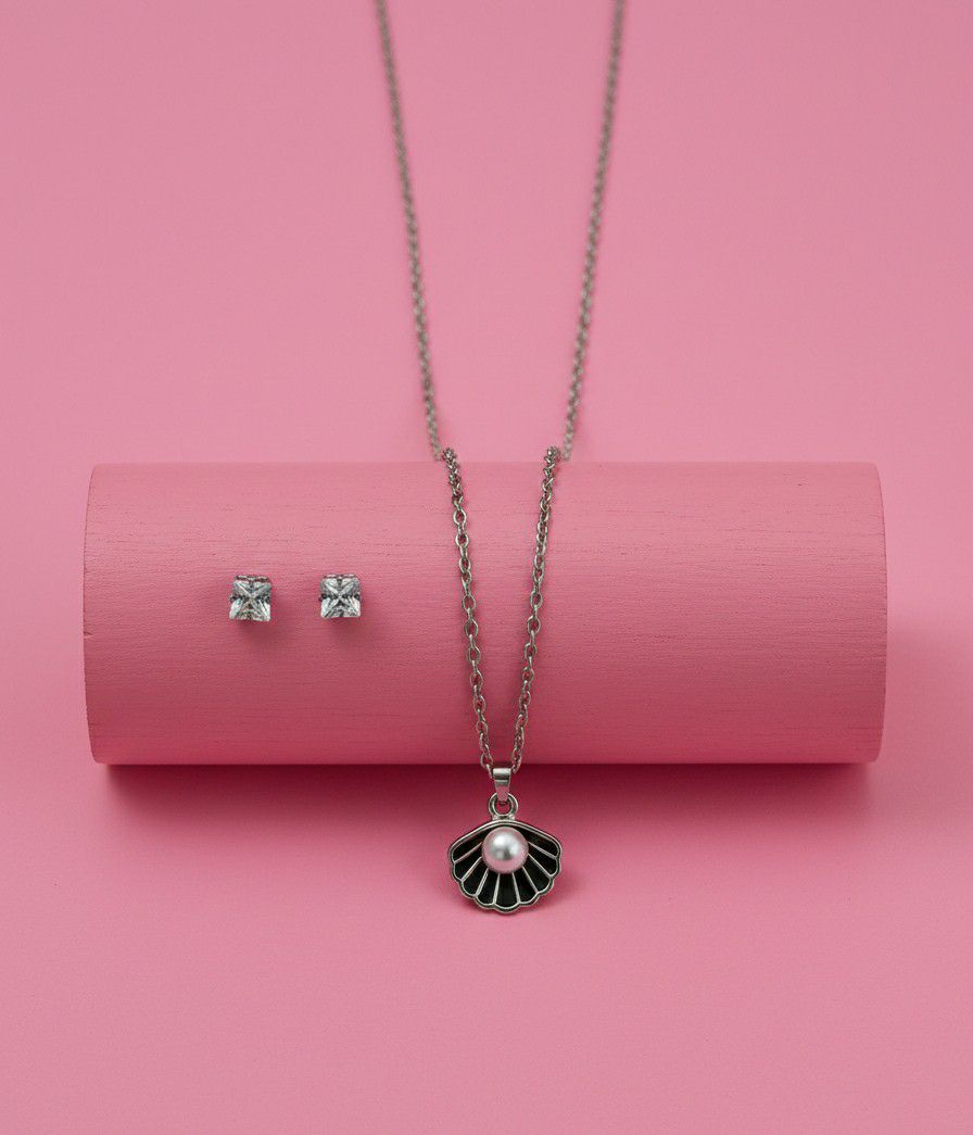 Silver Plated Shell Pendant Chain Set for Women | American Diamond Necklace with Earrings | Brass & Copper Jewellery | CP-46