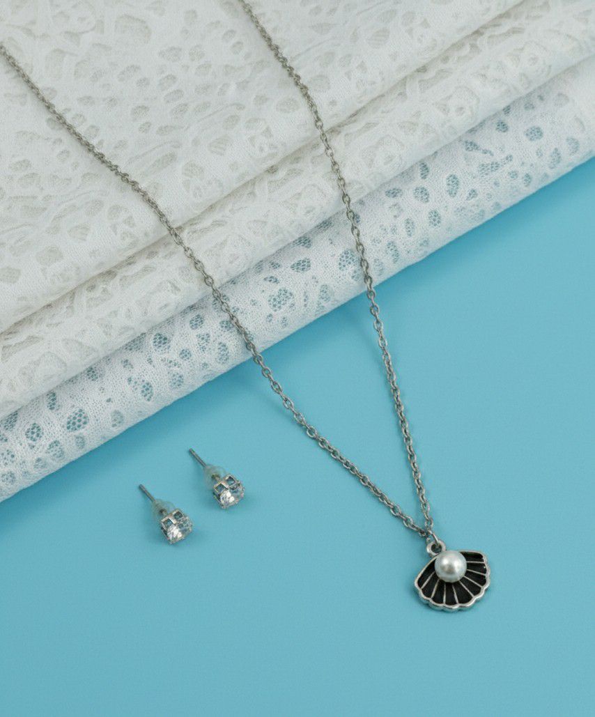 Silver Plated Shell Pendant Chain Set for Women | American Diamond Necklace with Earrings | Brass & Copper Jewellery | CP-46