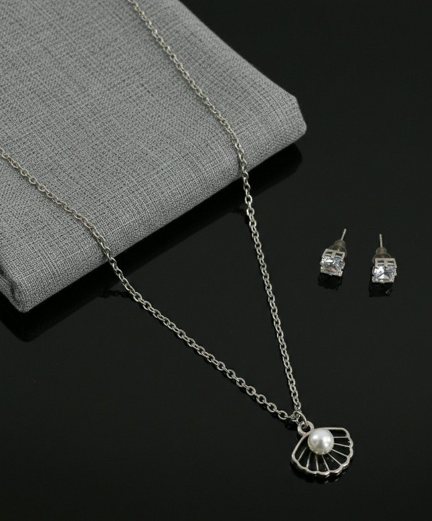 Silver Plated Shell Pendant Chain Set for Women | American Diamond Necklace with Earrings | Brass & Copper Jewellery | CP-46