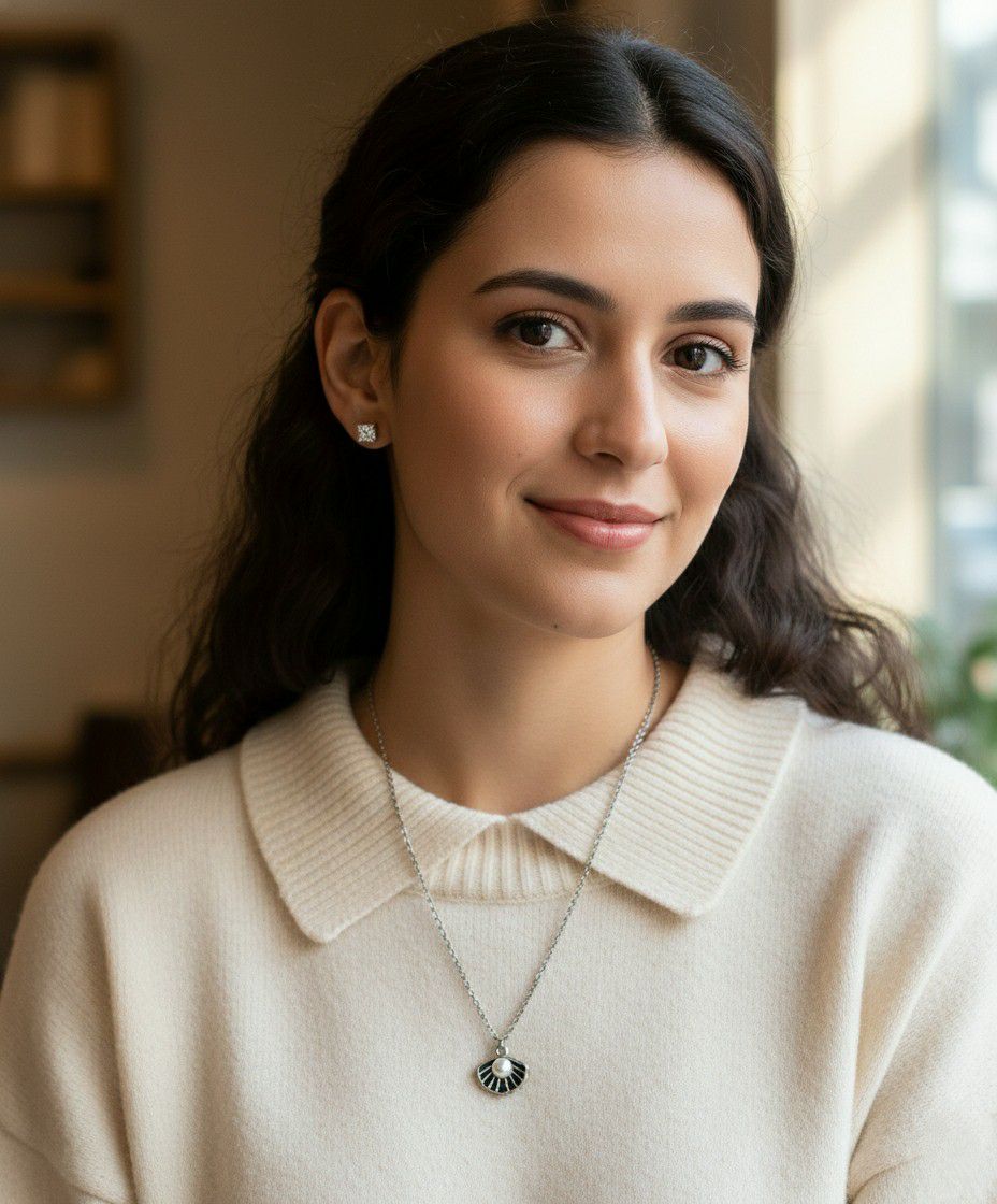 Silver Plated Shell Pendant Chain Set for Women | American Diamond Necklace with Earrings | Brass & Copper Jewellery | CP-46