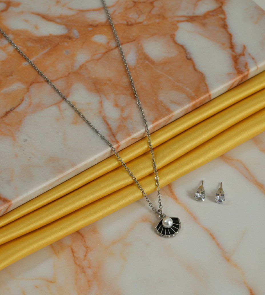 Silver Plated Shell Pendant Chain Set for Women | American Diamond Necklace with Earrings | Brass & Copper Jewellery | CP-46
