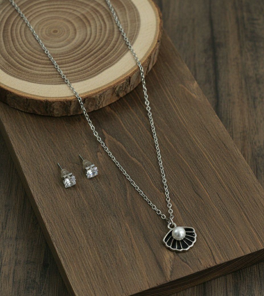 Silver Plated Shell Pendant Chain Set for Women | American Diamond Necklace with Earrings | Brass & Copper Jewellery | CP-46
