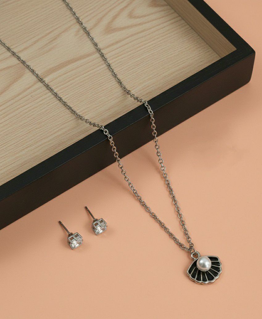 Silver Plated Shell Pendant Chain Set for Women | American Diamond Necklace with Earrings | Brass & Copper Jewellery | CP-46