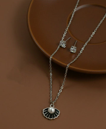 Silver Plated Shell Pendant Chain Set for Women | American Diamond Necklace with Earrings | Brass & Copper Jewellery | CP-46