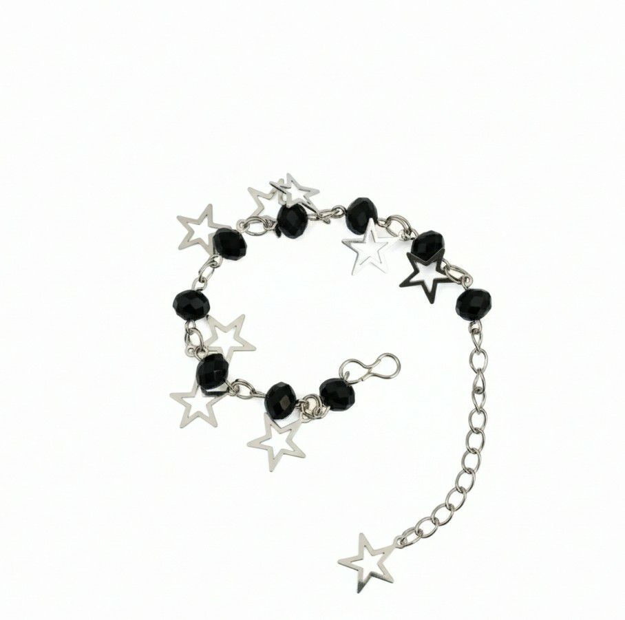 Silver Plated Black Crystal Beads Bracelet for Women | Adjustable Chain Bracelet | Brass & Steel Fashion Jewellery | B-33