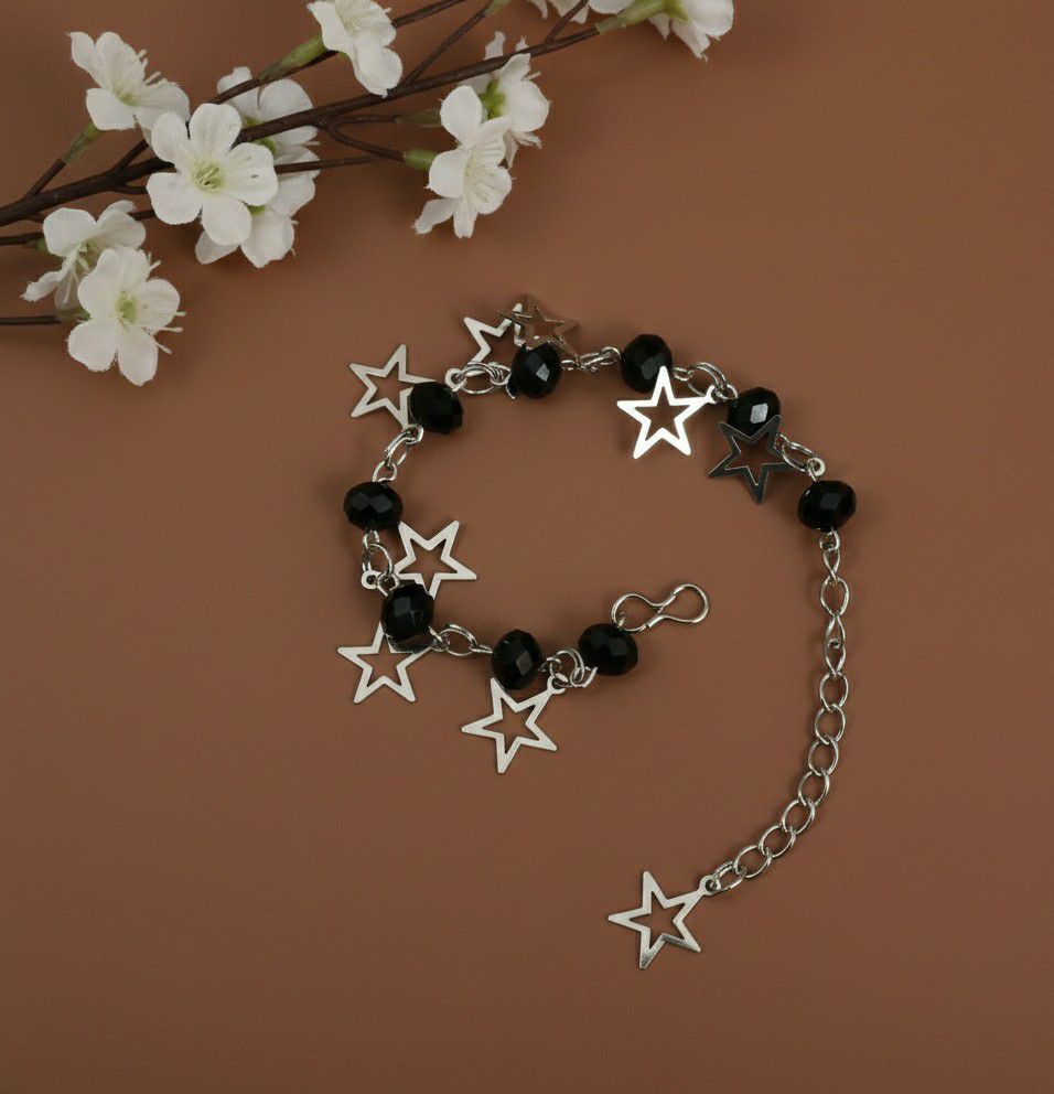 Silver Plated Black Crystal Beads Bracelet for Women | Adjustable Chain Bracelet | Brass & Steel Fashion Jewellery | B-33