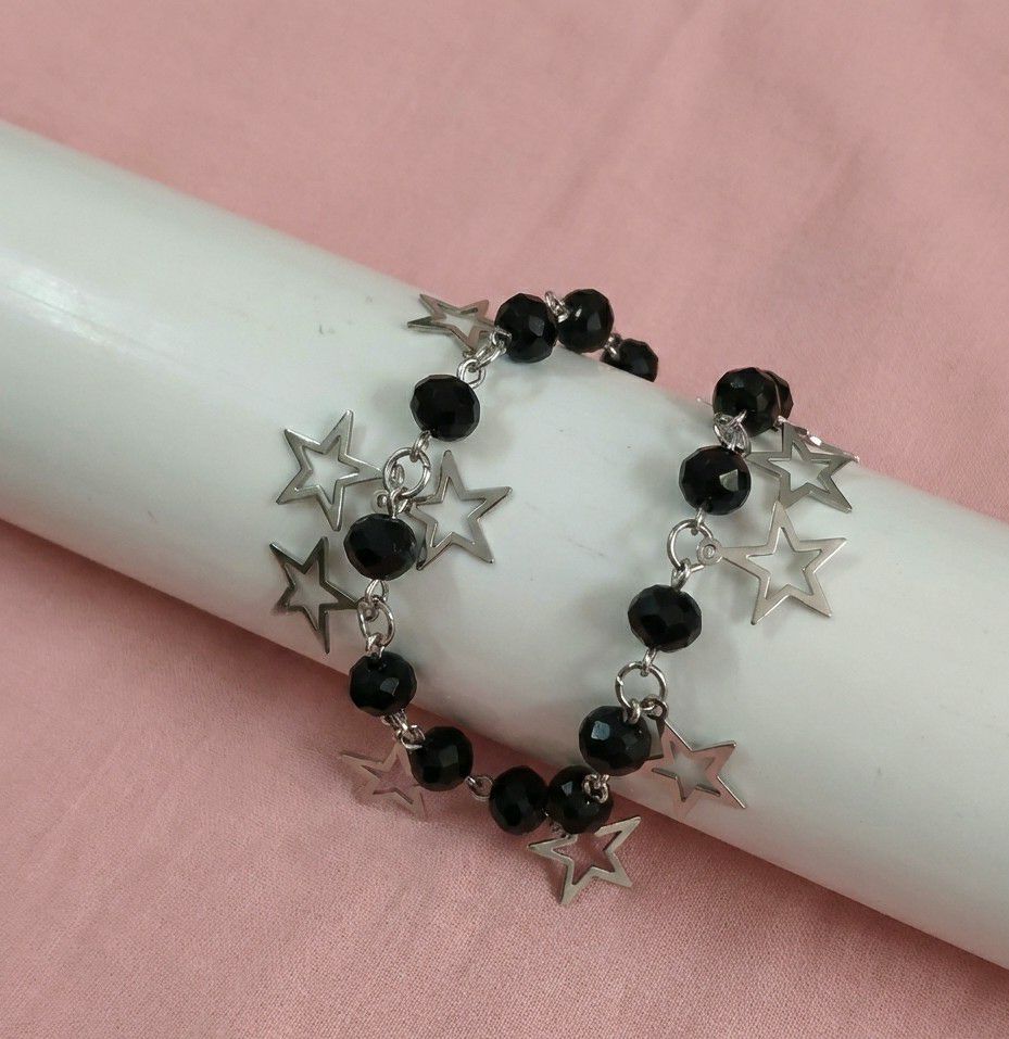 Silver Plated Black Crystal Beads Bracelet for Women | Adjustable Chain Bracelet | Brass & Steel Fashion Jewellery | B-33