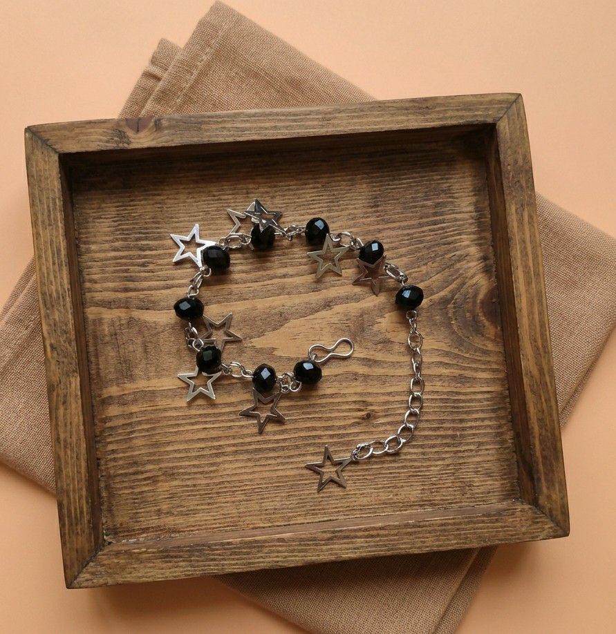 Silver Plated Black Crystal Beads Bracelet for Women | Adjustable Chain Bracelet | Brass & Steel Fashion Jewellery | B-33