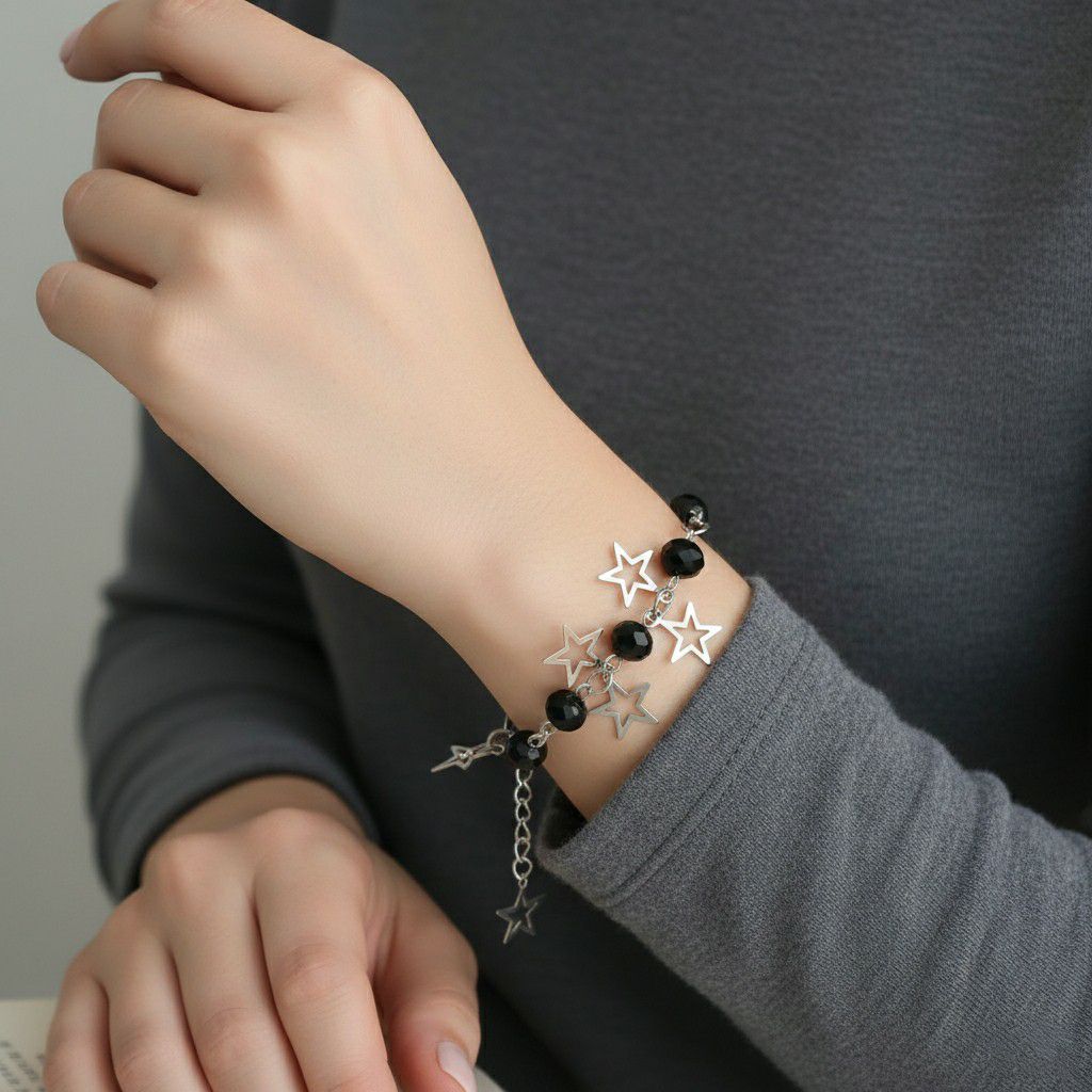 Silver Plated Black Crystal Beads Bracelet for Women | Adjustable Chain Bracelet | Brass & Steel Fashion Jewellery | B-33