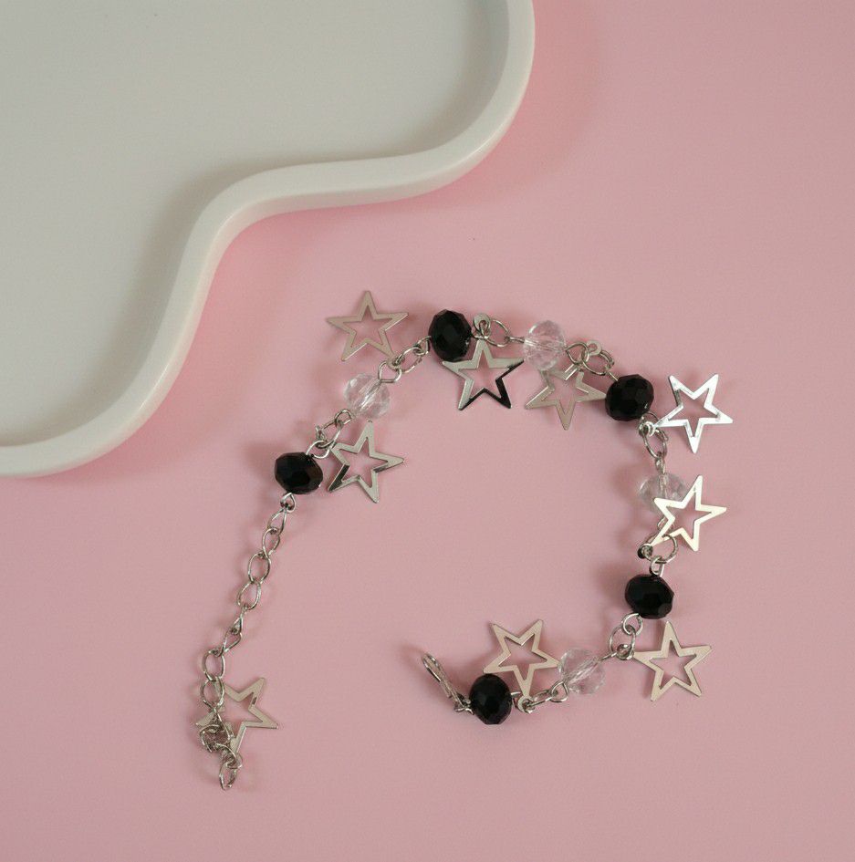 Silver Plated Black Crystal Beads Bracelet for Women | Adjustable Chain Bracelet | Brass & Steel Fashion Jewellery | B-34