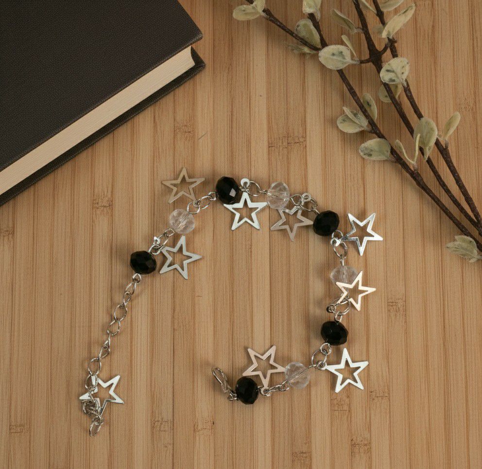 Silver Plated Black Crystal Beads Bracelet for Women | Adjustable Chain Bracelet | Brass & Steel Fashion Jewellery | B-34