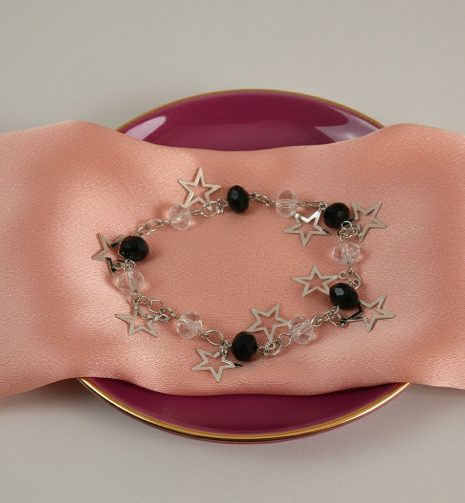 Silver Plated Black Crystal Beads Bracelet for Women | Adjustable Chain Bracelet | Brass & Steel Fashion Jewellery | B-34