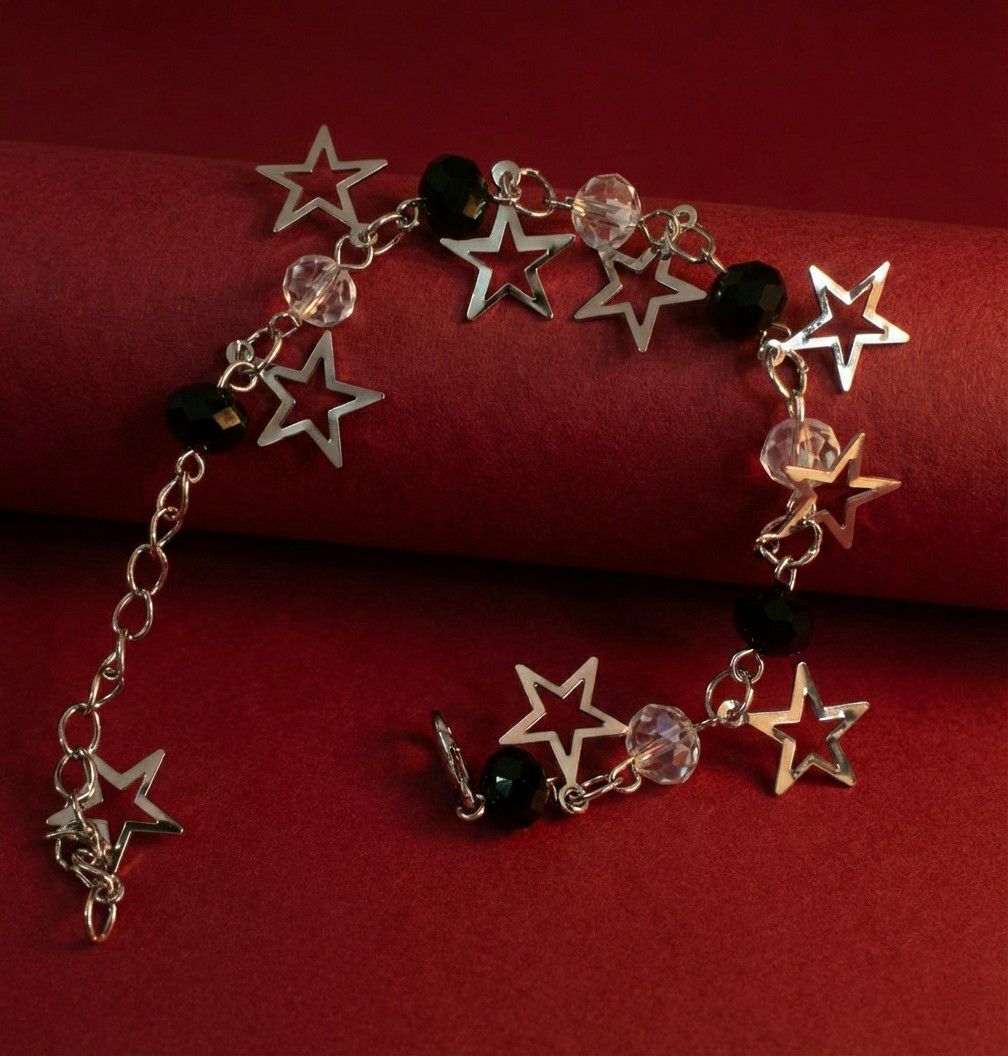 Silver Plated Black Crystal Beads Bracelet for Women | Adjustable Chain Bracelet | Brass & Steel Fashion Jewellery | B-34