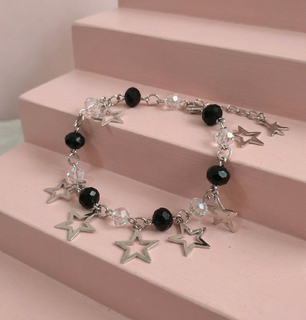 Silver Plated Black Crystal Beads Bracelet for Women | Adjustable Chain Bracelet | Brass & Steel Fashion Jewellery | B-34