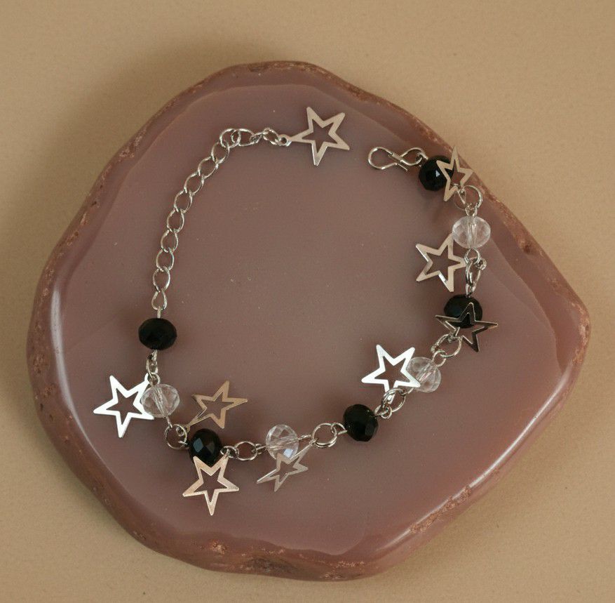 Silver Plated Black Crystal Beads Bracelet for Women | Adjustable Chain Bracelet | Brass & Steel Fashion Jewellery | B-34