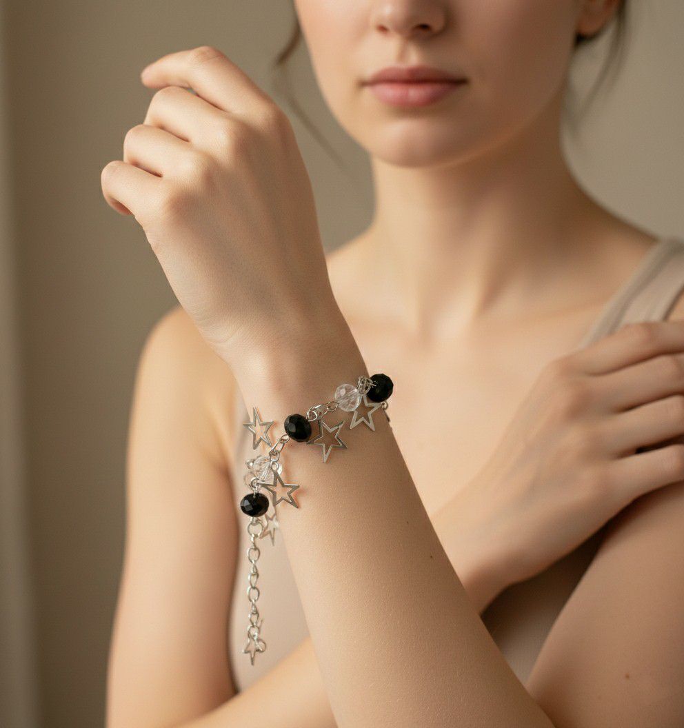 Silver Plated Black Crystal Beads Bracelet for Women | Adjustable Chain Bracelet | Brass & Steel Fashion Jewellery | B-34