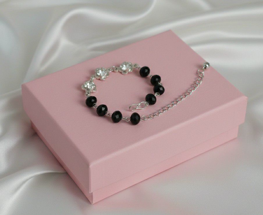 Silver Plated American Diamond Black Crystal Bracelet for Women | Adjustable Chain Bracelet | Brass & Steel Jewellery | B-35