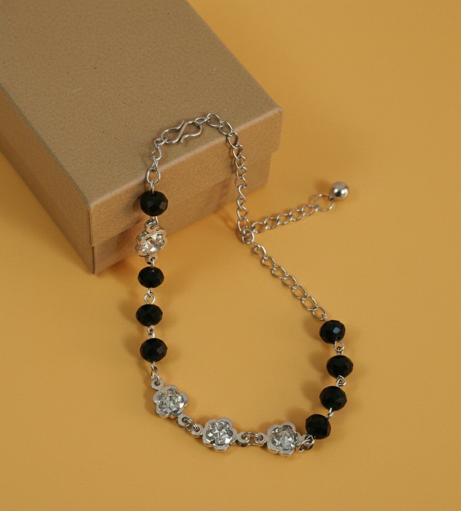 Silver Plated American Diamond Black Crystal Bracelet for Women | Adjustable Chain Bracelet | Brass & Steel Jewellery | B-35