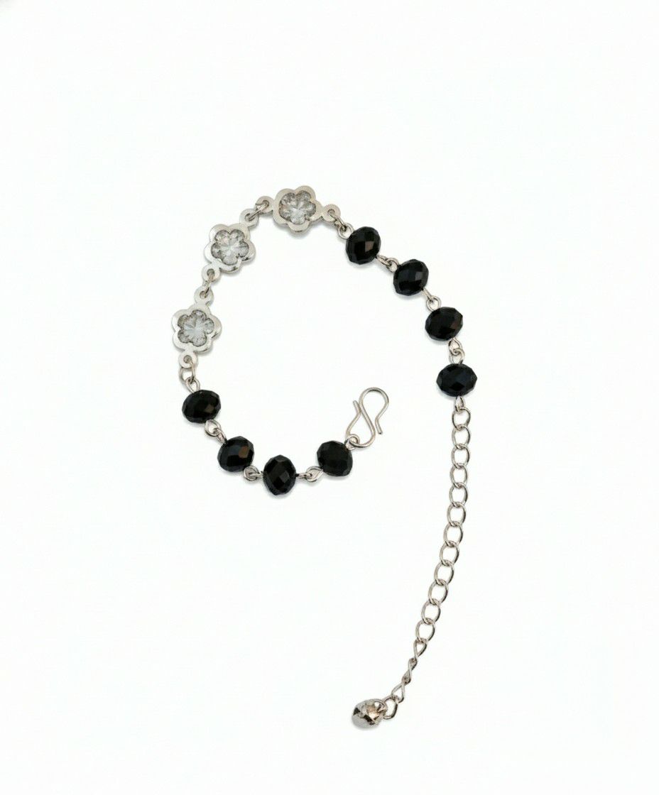 Silver Plated American Diamond Black Crystal Bracelet for Women | Adjustable Chain Bracelet | Brass & Steel Jewellery | B-35
