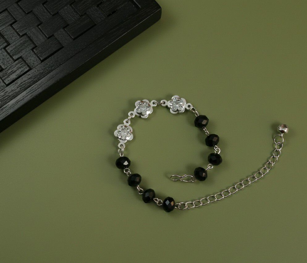 Silver Plated American Diamond Black Crystal Bracelet for Women | Adjustable Chain Bracelet | Brass & Steel Jewellery | B-35