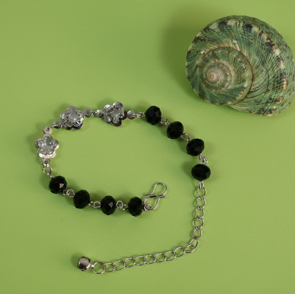 Silver Plated American Diamond Black Crystal Bracelet for Women | Adjustable Chain Bracelet | Brass & Steel Jewellery | B-35