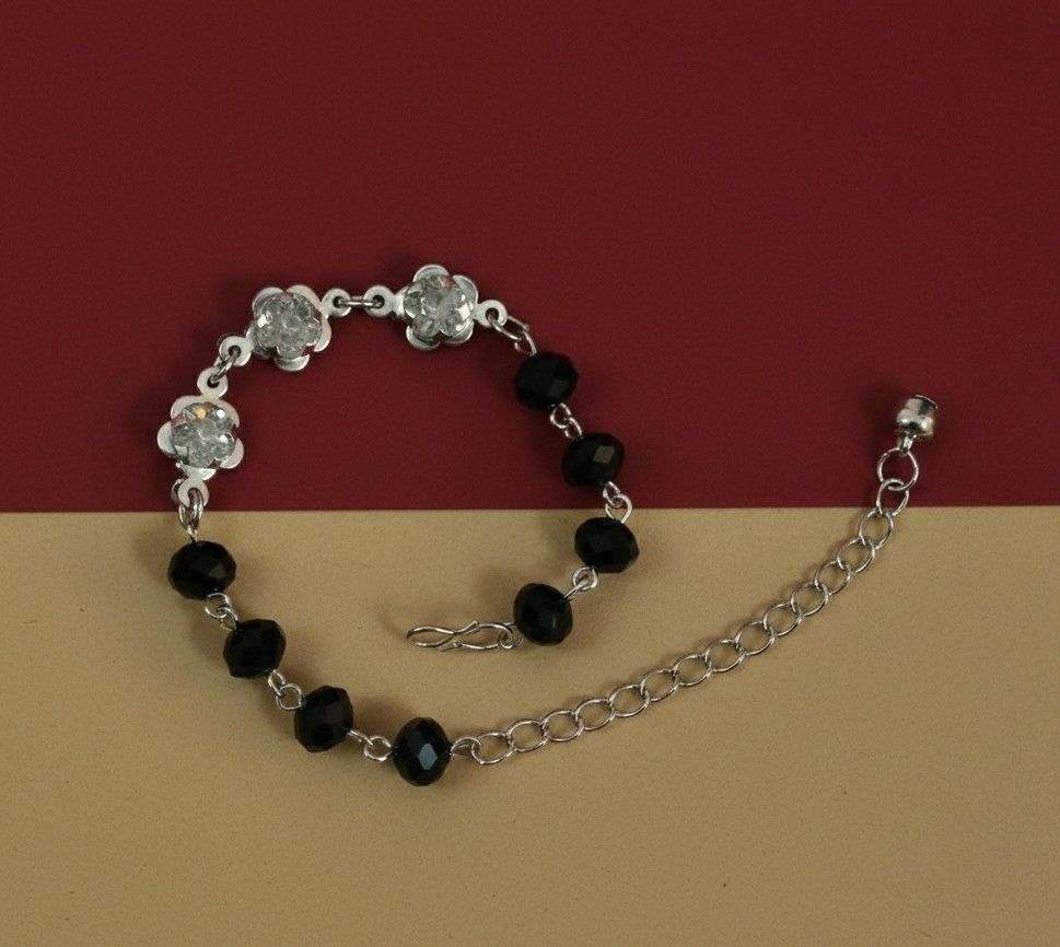 Silver Plated American Diamond Black Crystal Bracelet for Women | Adjustable Chain Bracelet | Brass & Steel Jewellery | B-35