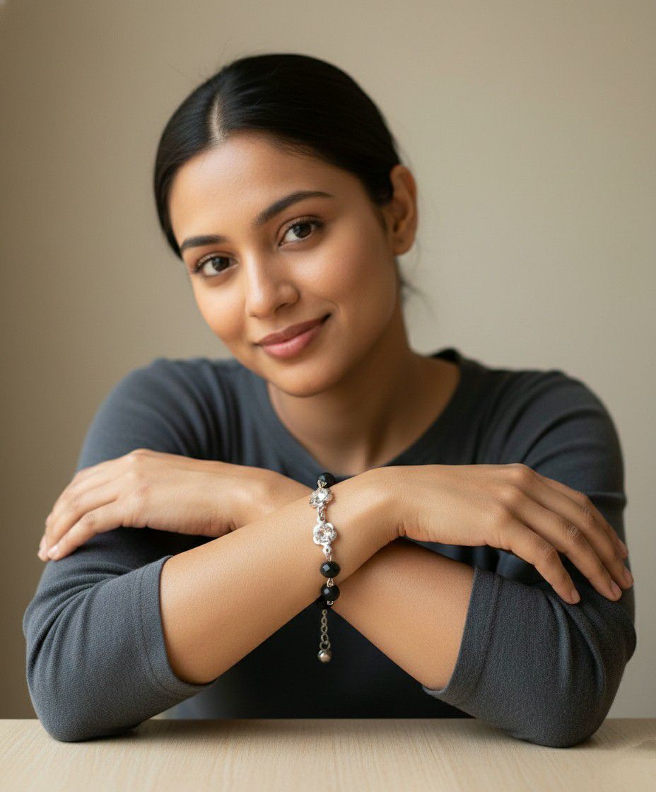 Silver Plated American Diamond Black Crystal Bracelet for Women | Adjustable Chain Bracelet | Brass & Steel Jewellery | B-35