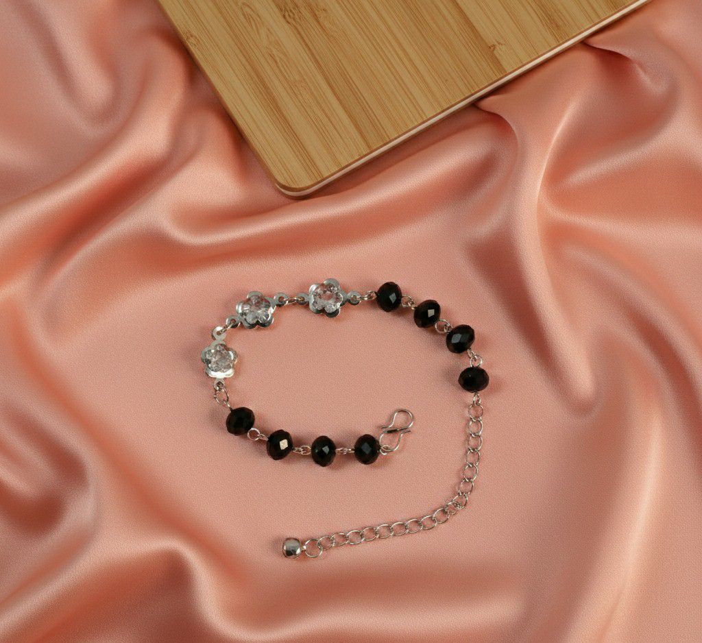 Silver Plated American Diamond Black Crystal Bracelet for Women | Adjustable Chain Bracelet | Brass & Steel Jewellery | B-35