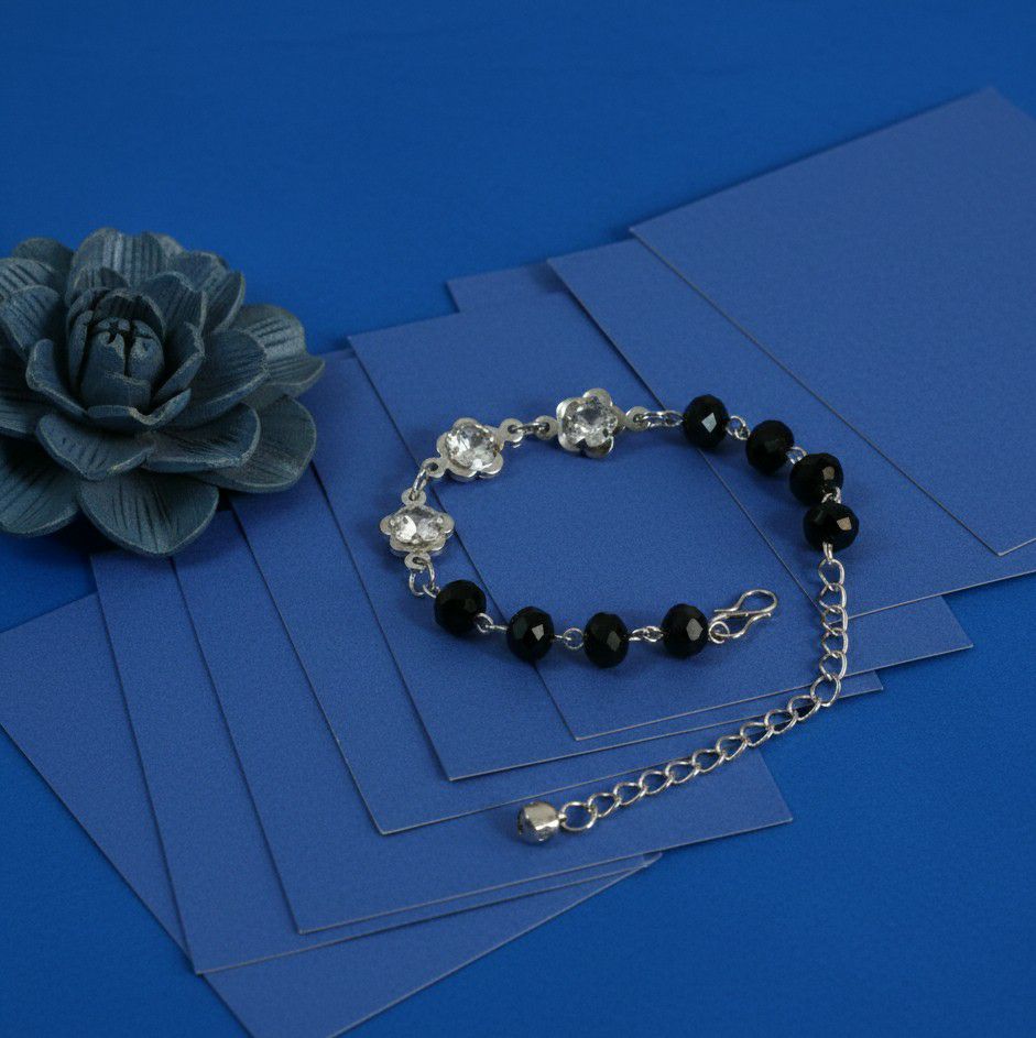 Silver Plated American Diamond Black Crystal Bracelet for Women | Adjustable Chain Bracelet | Brass & Steel Jewellery | B-35